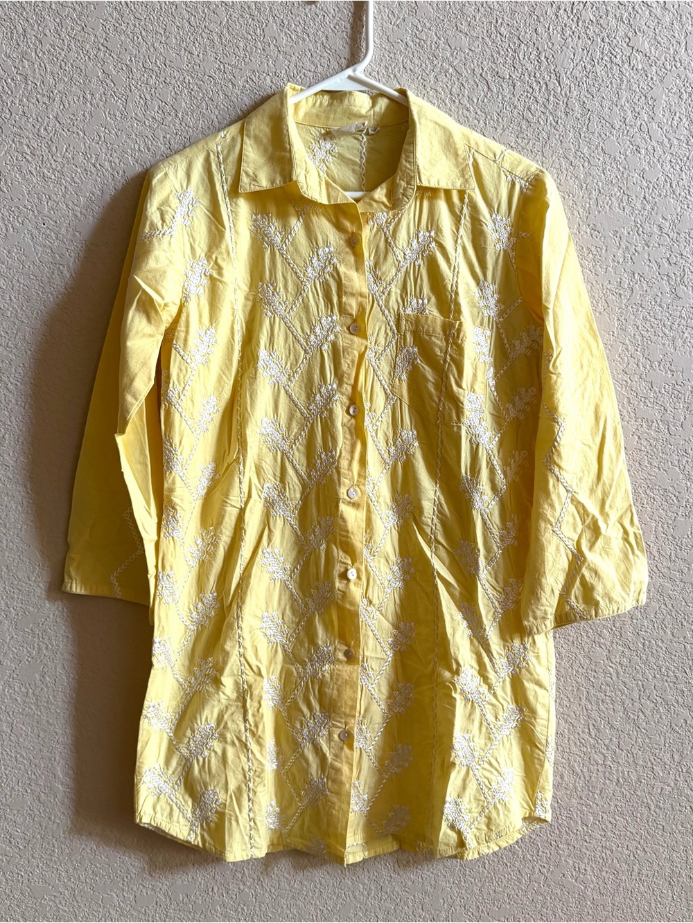 Julia Amory Swizzle Collared Tunic 3/4 Sleeve Butter Yellow Size XS Embroidered